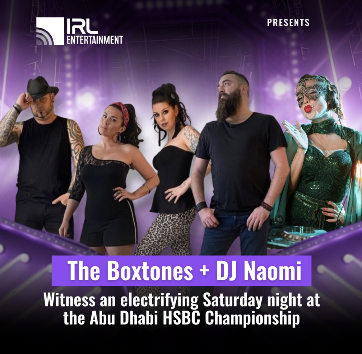 The Boxtones plus DJ Naomi performing on a purple stage at the Abu Dhabi HSBC Championship