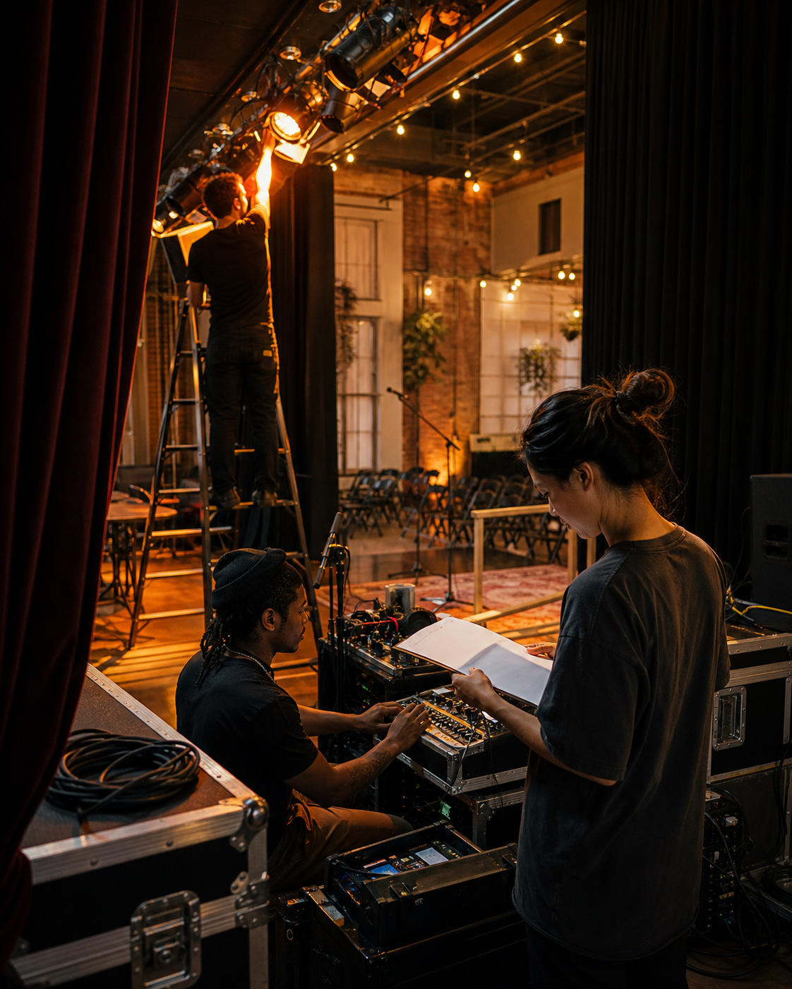 Production crew setting up lights and audio equipment ahead of a live event
